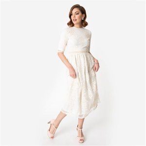 Vintage Style Antique Ivory Embroidered Lace Modest Midi Dress